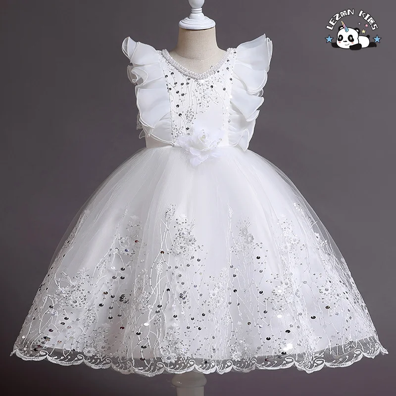 LEZONKIDS - Vestido de renda floral sem mangas personalizável e quente para meninas, ODM, para crianças, festa, para 2-14 anos, com decoração de laço